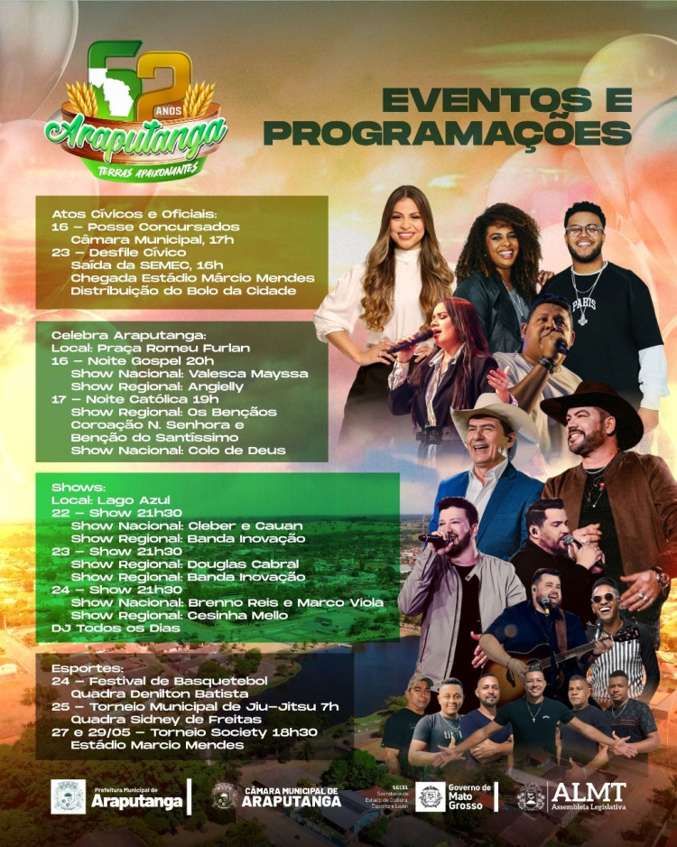 Araputanga celebra 62 Anos com programação especial e grandes festividades